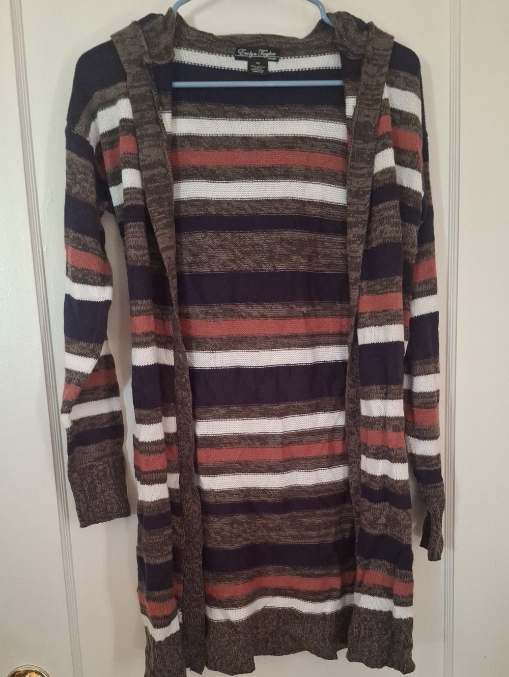 Evelyn Taylor Women's Striped Hooded Open Cardigan - Brown/Orange/White